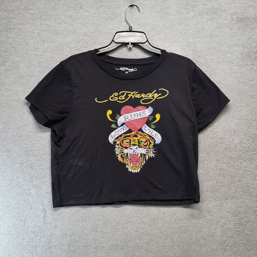 Ed Hardy Women Top XL‎ Black Cropped Shirt Logo Tiger Heart Short Sleeve Tee